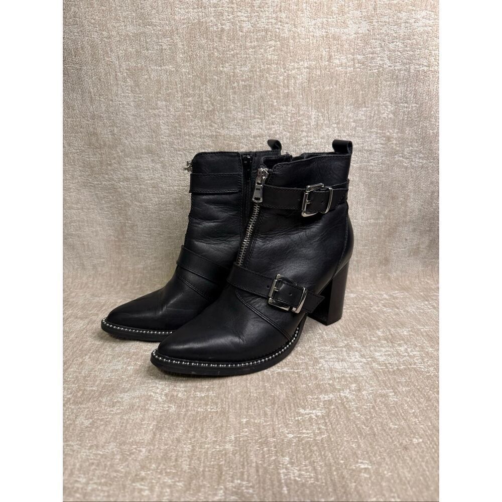 Steve Madden Women's Moto Buckle Stud Leather Halle Ankle Boots Black Size 6.5